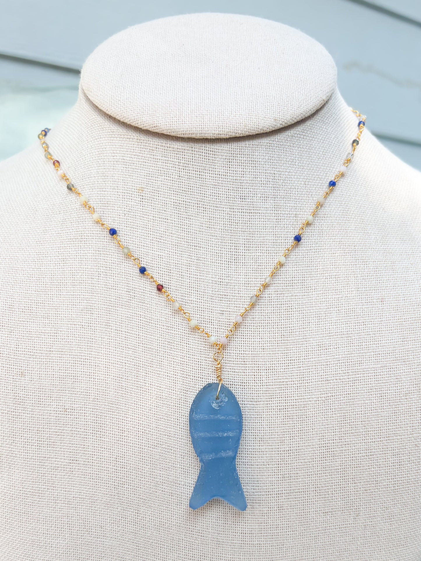 Multicolor Beaded Sea Glass Fish Necklace