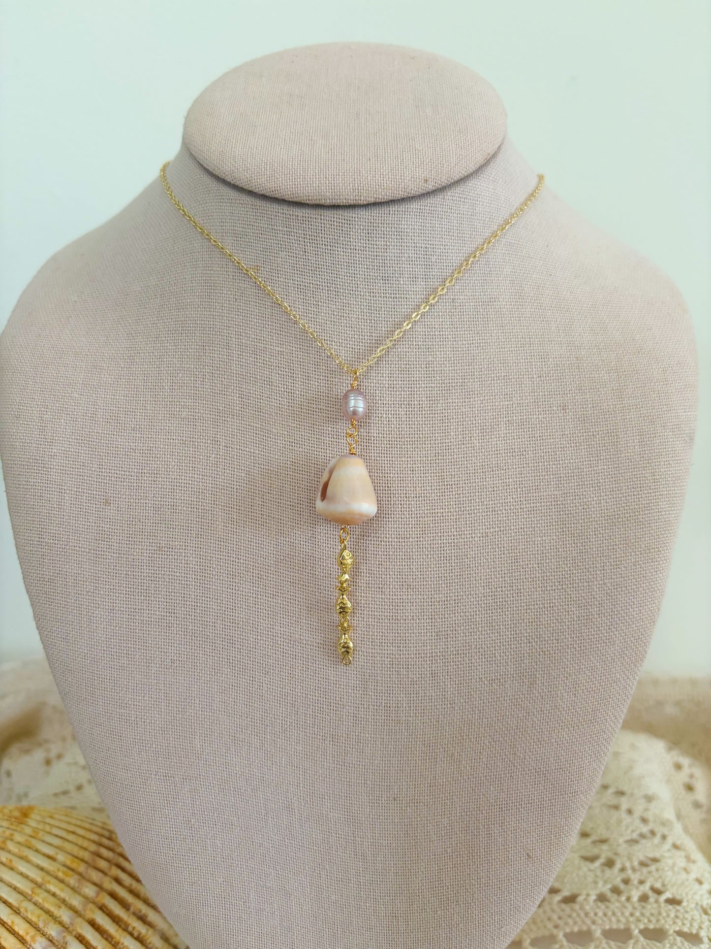 Waterproof Cone Shell & Freshwater Pearl Lariat Necklace