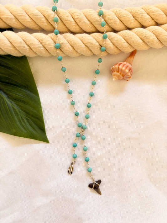 Twin Tide Turquoise Double Drop Lariat Shark Tooth Necklace