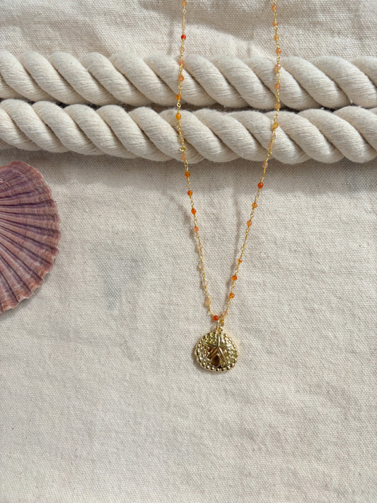 Sunkissed Relic – Gold Sand Dollar Necklace (Orange Beaded, 18”)