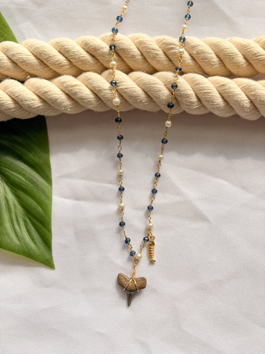 Blue Horizon Topaz & Pearl Shark Tooth Necklace