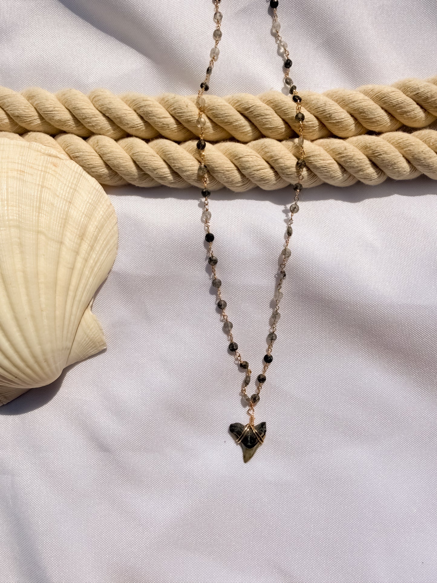 Masonboro Midnight Necklace – Gold Beaded Shark Tooth