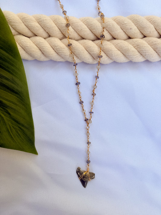 Celeste Lariat Necklace – Moonstone & Iolite Beaded Drop