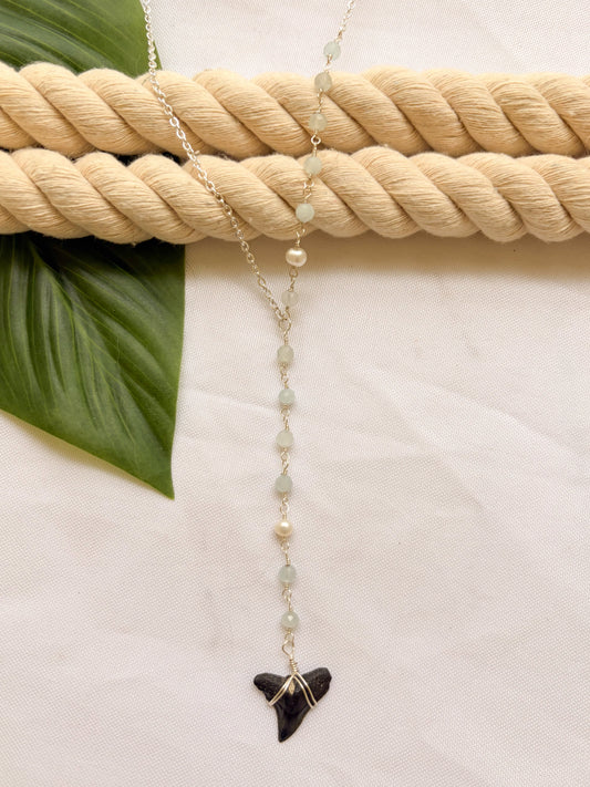 Sterling Silver Aquamarine Shark Tooth Lariat Necklace
