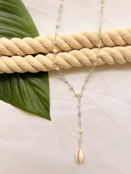 Aquamarine Shell Lariat Necklace (Sterling Silver)