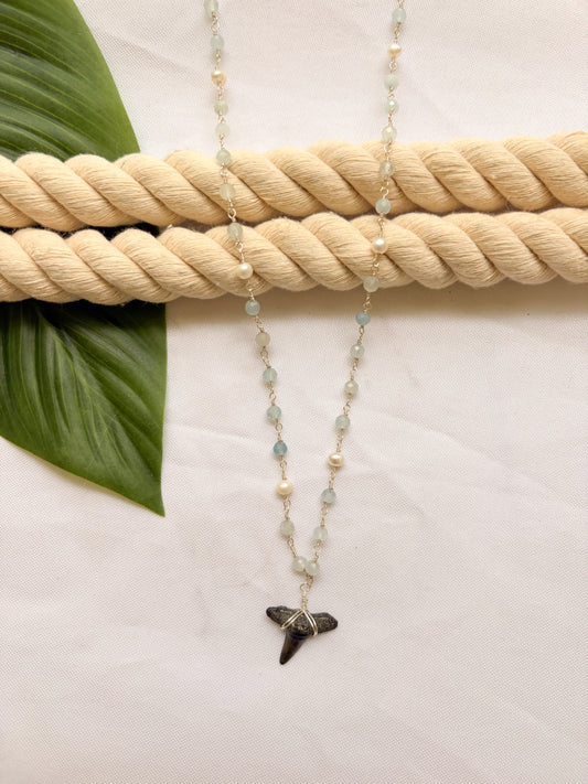 Aquamarine + Freshwater Pearl Beaded Necklace (Sterling Silver)