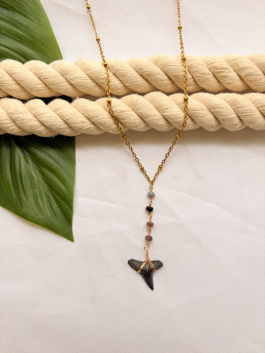 Gold Stainless Steel Tourmaline Shark Tooth Lariat