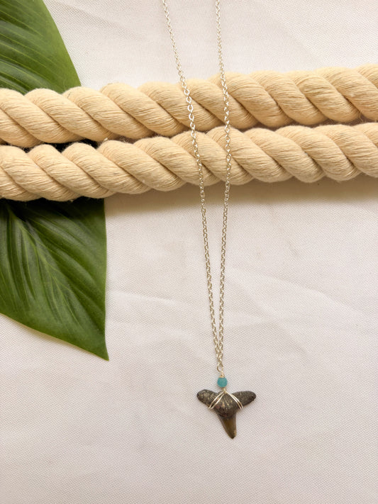 Sterling Silver Blue Bead Shark Tooth Necklace
