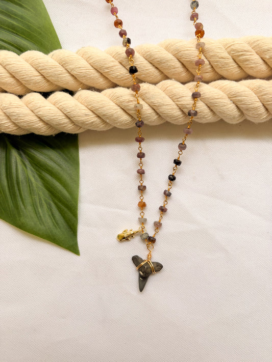 Gold Plated Tourmaline Shark Tooth Necklace with Whale Shark Charm