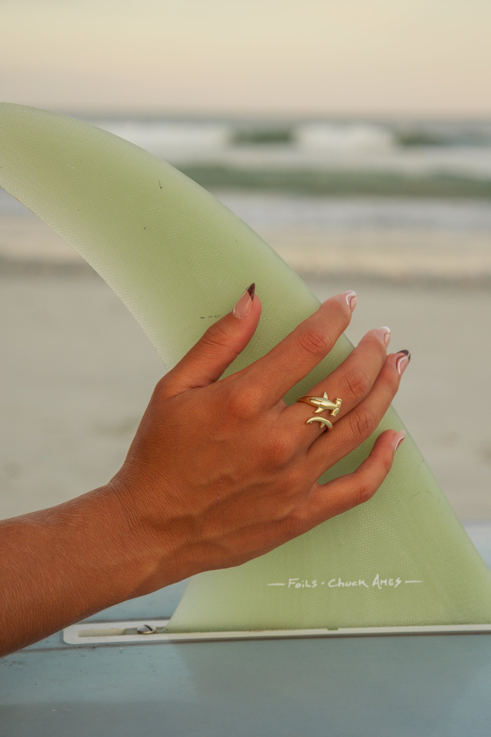 Gold adjustable hammerhead shark ring with coastal design